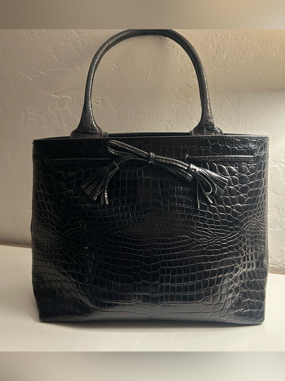 Talbots Black Croc-Embossed Tote with Bow Tassel
